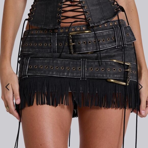 Jaded London Odile Faux Leather Belted Fringe Micro Mini Skirt US Size 2 (UK 6) - Picture 1 of 5